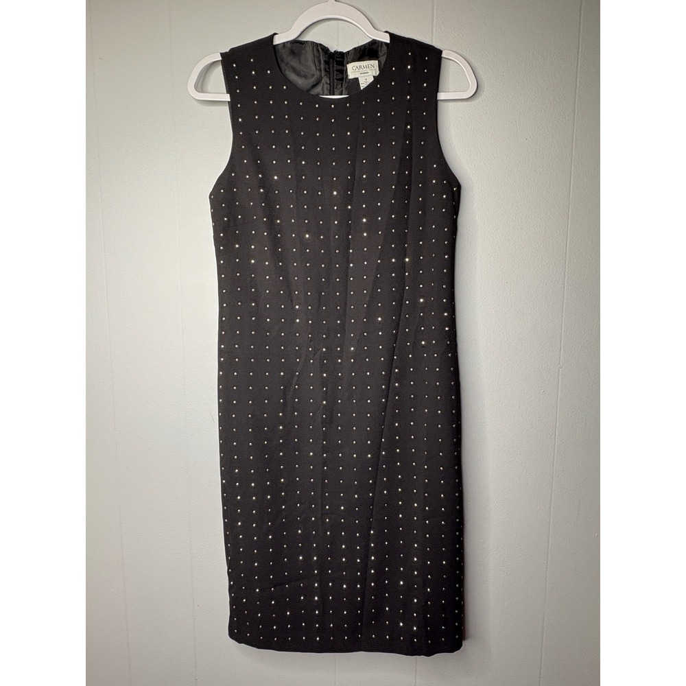 Carmen Marc Valvo Black Rhinestone Studded Sleeveless Sheath Dress Size 4